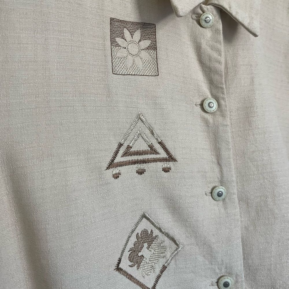 Vintage Abstract Embroidered Button Up Blouse Womens L Petite Linen Look 90s - Picture 6 of 10